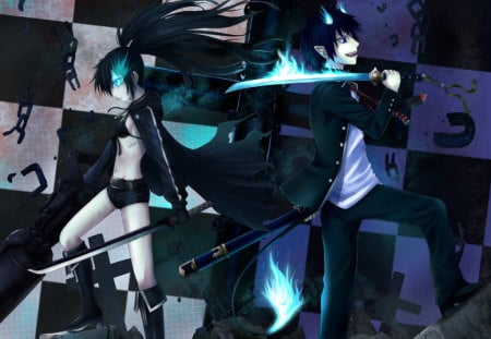 B★R★S & Okumura Rin - anime, female, boots, cross-over, team, weapons, black rock shooter, male, fire tail, katana, bikini top, fighter, twintails, fire sword, hot, sword, okumura rin, cool, smile, growing eye, ao no exorcist