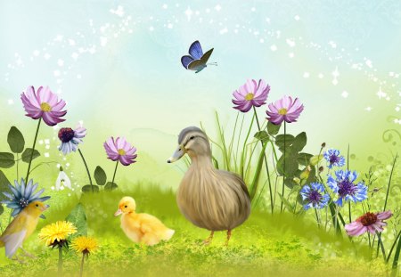 Ducks Day - bird, firefox persona, sweet, ducklings, flowers, nature, butterfly, field, ducks