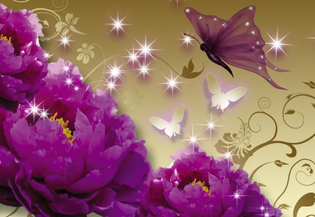 Peonies of Purple - stars, puple, summer, shine, gold, peony, flowers, firefox persona, butterflies