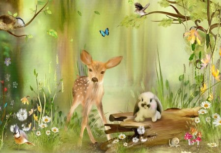 Neverland Forest - rabbit, fawn, birds, bunny, firefox persona, tree, flowers, deer, mushrooms