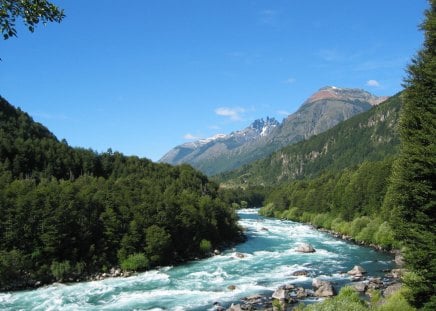 The river my the mountains - river, trees, water, nature, mountains, sky