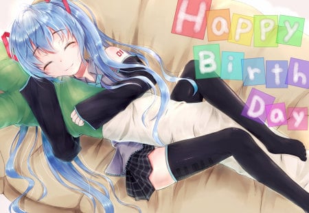 Vocaloid - hatsune miku, blue hair, sleep, bed, long hair, barefoot