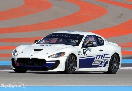 maserati race car - white, black alloys, blue, race track, race modified