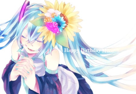 Happy Birthday Miku! - tie, pretty, artistic, uniform, flowers, headphones, rainbow, nice, anniversary, program, thighhighs, beauty, virtual, cg, white, cute, song, outfit, happy birthday, vocaloid, anime, blue, twintail, hatsune miku, microphone, music, aqua, art, idol, anime girl, skirt, beautiful, singer, girl, cool, black, miku, awesome, diva, digital, hatsune, vocaloids, headset