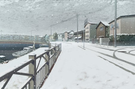 Snowy Little Town - boats, pretty, town, snow, riverside, bridge