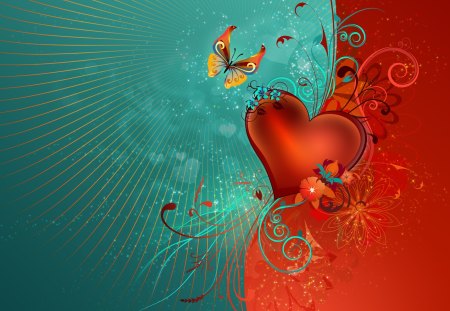 Heart and Butterfly - orange, turquoise, butterfly, heart