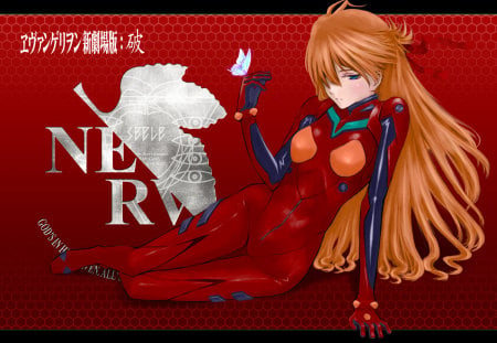 neon genesis evangelion - sleep, red, blue eyes, orange hair, long hair, maripose