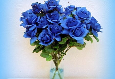 Bouquet of blues - roses, vase, green leaves, arrangement, blue