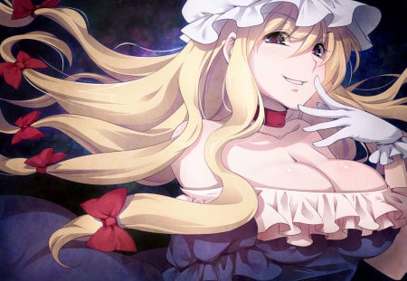 touhou - blush, long hair, yelow hair, red eyes