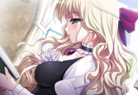 Anime - necklace, choker, anime, girl, ribbon, blonde, bow, long hair