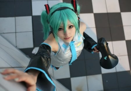 Hatsune Miku by Saya - tie, pretty, female, love is war, uniform, headphones, nice, leggings, hot, beauty, actress, white, model, cute, aqua eyes, outfit, sexy, vocaloid, anime, twintail, hatsune miku, photo, megaphone, microphone, checkered, aqua, skirt, beautiful, cool, black, saya, hand, miku, awesome, aqua hair, hatsune, vocaloids, headset