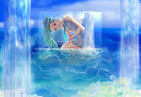 Boxed In - pretty, artistic, rainbow, nice, program, thighhighs, beauty, virtual, cg, white, cute, song, vocaloid, anime, blue, twintail, aqua eye, dress, hatsune miku, music, aqua, box, art, sky, idol, clouds, anime girl, water, beautiful, sea, singer, girl, cool, ocean, black, waterfall, miku, awesome, diva, digital, waves, aqua hair, hatsune, vocaloids