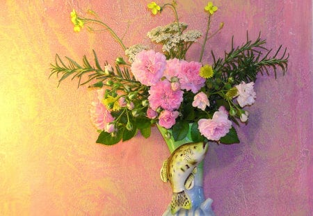 A Beautiful Vase - vase, pink flowers, fish, still life