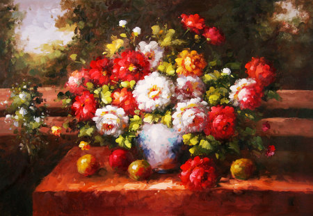 Colourful flowers - painting, flowers, still life, vase, colourful