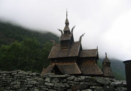  Viking Church - norwegian church, architecture, wood, stone-fence