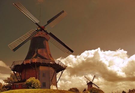 Windmills - clouds, windmills, dark, sky