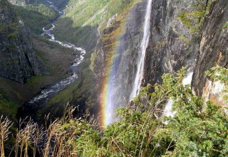 Rainbow - rainbow, valley, waterfall, voeringsfossen