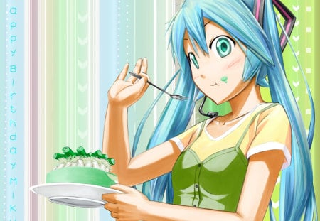 Happy Birthday to me - anime, anime girl, vocaloid, girl, hatsune miku, kawai, headphones, cute, cake, sexy