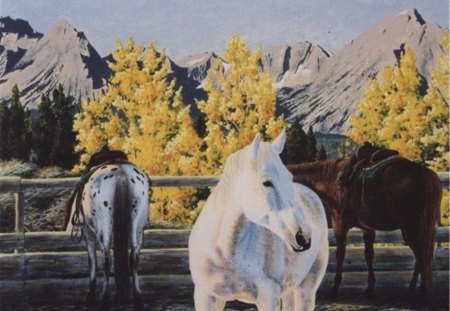 an autumm corral - autumm, horses, paintings, saddle horses