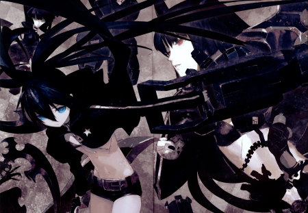 Blackâ˜…Rock Shooter - skull, girls, scythe, sexy, scar, takanashi yomi, boots, kuroi mato, bra, cannon, anime, weapon, dead master, black rock shooter