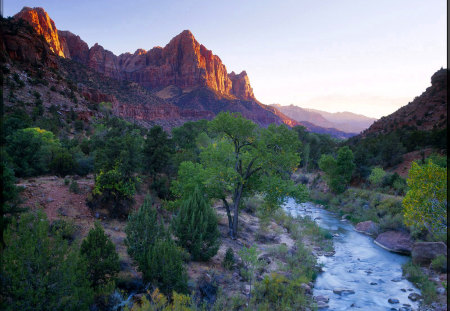 The Watchman Towers - watchman, national parks, water, park, sunset, zion, mountains, tower, river, virgin river