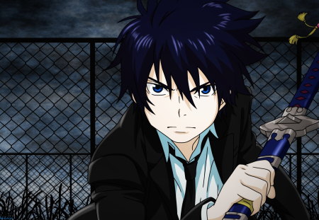 Okumura Rin - anime, blue exorcist, blue, sword, okumura rin, okumura, cool, male, rin, cloud, katana, exorcist, weapon, ao no exorcist, demon, satan