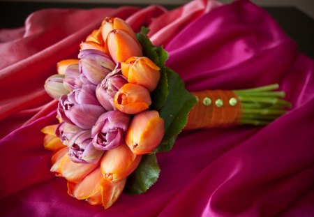 Bouquet - beauty, nice, magenta, photography, delicate, tulips, bride, bouquet, purple, pretty, cool, orange, harmony, wedding, silk, lovely, satin, beautiful, tulip, flowers, colors, elegantly, flower