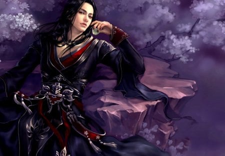 Samurai - cool, long hair, samurai, anime, tree, sakura tree, japanese clothes