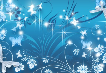 Butterflies Bows and Brilliants - abstract, blue, butterflies, bows, firefox persona, flowers, nature, scroll, ribbon