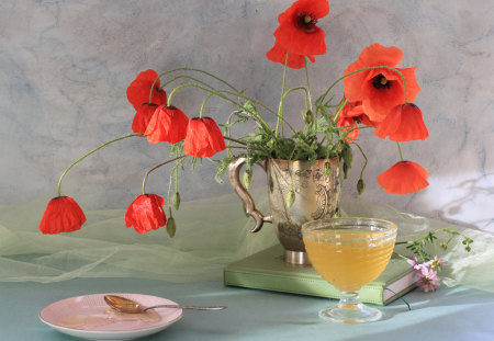 Honey & Poppies - honey, poppies, vase, still life, cup