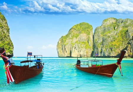 Paradise Boats - pretty, hills, summer, blue, amazing, balearic, stunning, holiday, caribbean, paradise, nice, sky, clouds, water, beautiful, vacation, sea, ocean, boats, wonderful, mountains, rocks