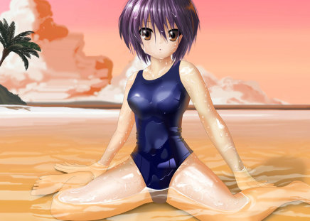 Anime beach - sand, water, beach, anime, girl