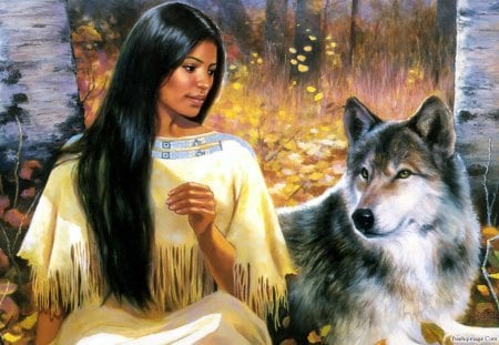 Indian scene - people, wolf, indian, girl, animal, nature, painting, art, wildlife