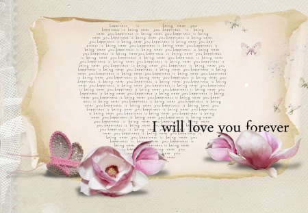 Forever Love - note, parchment, flowers, lace, love, abstract, butterflies, butterfly, firefox persona, nature