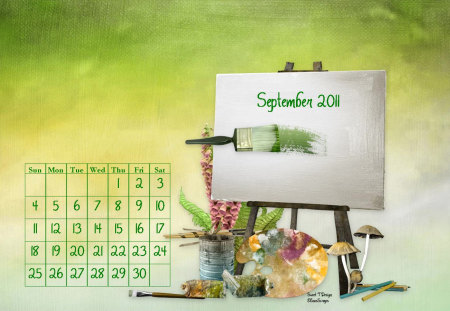 Easel Sept 2011 Calendar - flowers, paint, yellow, easel, calender, september, canvas, floral, painting, green