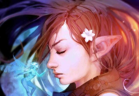 Elf Girl With a Fairy - fantasy, elf girl with a fairy, hot, wallpaper