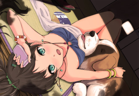 Idolmaster - bed, animal, dress, black hair, dog, blush, green eyes