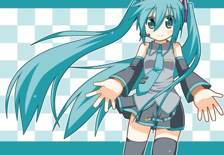 Hatsune Miku - aqua, headset, thighhighs, music, anime girl, white, art, cool, aqua eyes, artistic, hatsune miku, skirt, leggings, song, vocaloids, program, vocaloid, beautiful, uniform, diva, beauty, nice, twintail, singer, aqua hair, black, virtual, pretty, idol, anime, miku, cute, girl, cg, hatsune, microphone, headphones, tie, digital, awesome, gray, outfit