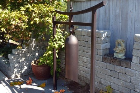 Japanese Gong - autumn, fence, trees, bush, japanese, fall, brick, gong, leaves, oriental, rock