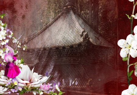 Oriental Twist - oriental, blossoms, sakura, cherry, fairy, spring, pagoda, absttract