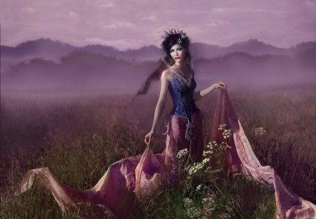 Girl in the Wilderness - field, girl, dress, grass