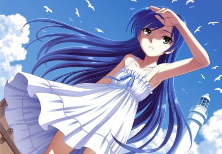 Kisaragi Chihaya - clouds, anime, birds, kisaragi chihaya, dress, girl, sky