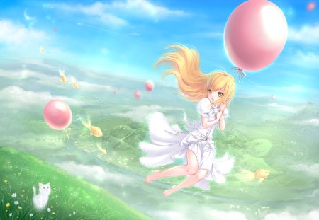 Anime - sky, clouds, anime, long hair, balloon, dress, blonde