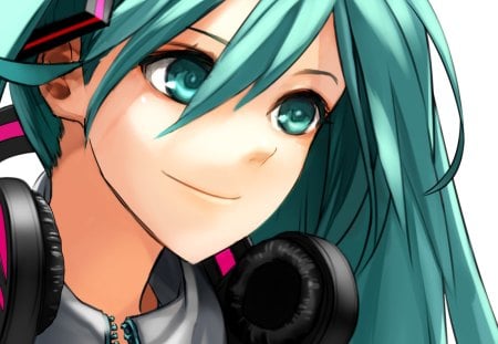 Hatsune Miku - aqua, headset, music, anime girl, white, face, art, cool, aqua eyes, artistic, hatsune miku, song, vocaloids, program, vocaloid, beautiful, pink, diva, nice, beauty, twintail, singer, aqua hair, black, virtual, pretty, idol, anime, miku, cute, girl, cg, hatsune, microphone, headphones, blue, digital, awesome