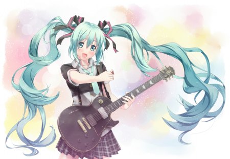 Hatsune Miku - tie, pretty, artistic, pink, uniform, guitar, nice, program, hot, thighhighs, beauty, virtual, cg, white, cute, aqua eyes, song, outfit, sexy, vocaloid, anime, twintail, hatsune miku, music, aqua, beauitful, red, art, idol, anime girl, skirt, singer, girl, blush, cool, black, miku, awesome, diva, digital, aqua hair, hatsune, vocaloids