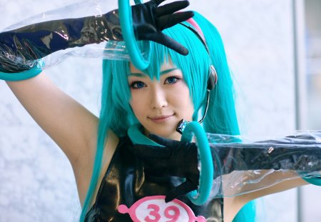 Hatsune Miku by Kousaka Yun - artistic, female, pretty beauty, uniform, headphones, costume, channel 39, nice, program, hot, virtual, actress, cosplayer, cg, white, model, cute, aqua eyes, song, outfit, sexy, vocaloid, anime, blue, twintail, hatsune miku, microphone, music, aqua, art, space explorer 39, idol, anime girl, beautiful, cosplay, singer, girl, cool, black, 39, miku, awesome, diva, digital, aqua hair, hatsune, vocaloids, headset