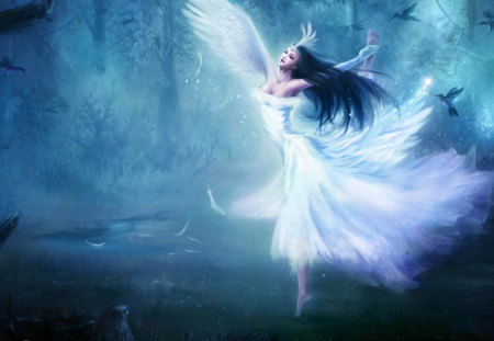 Angel of the Forest - white, angel, night, forest, happy