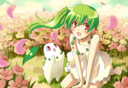 chickorita girl in a beautiful medow - anime, pink medow, blue sky, green hair, green hair red eyes, flowers, girl and chikotira, chickorita, pony tail hair, pink flowers, romantic scenery, clouds, girl, medow, petals, white dress, green pearls, cute, green necklace