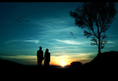 Love is in the air! - standing, birds, sunset, couple, tree