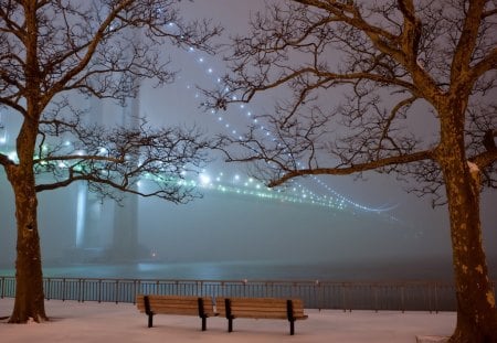 Cool Winter Night - beautiful, winter, night, bench, bridge